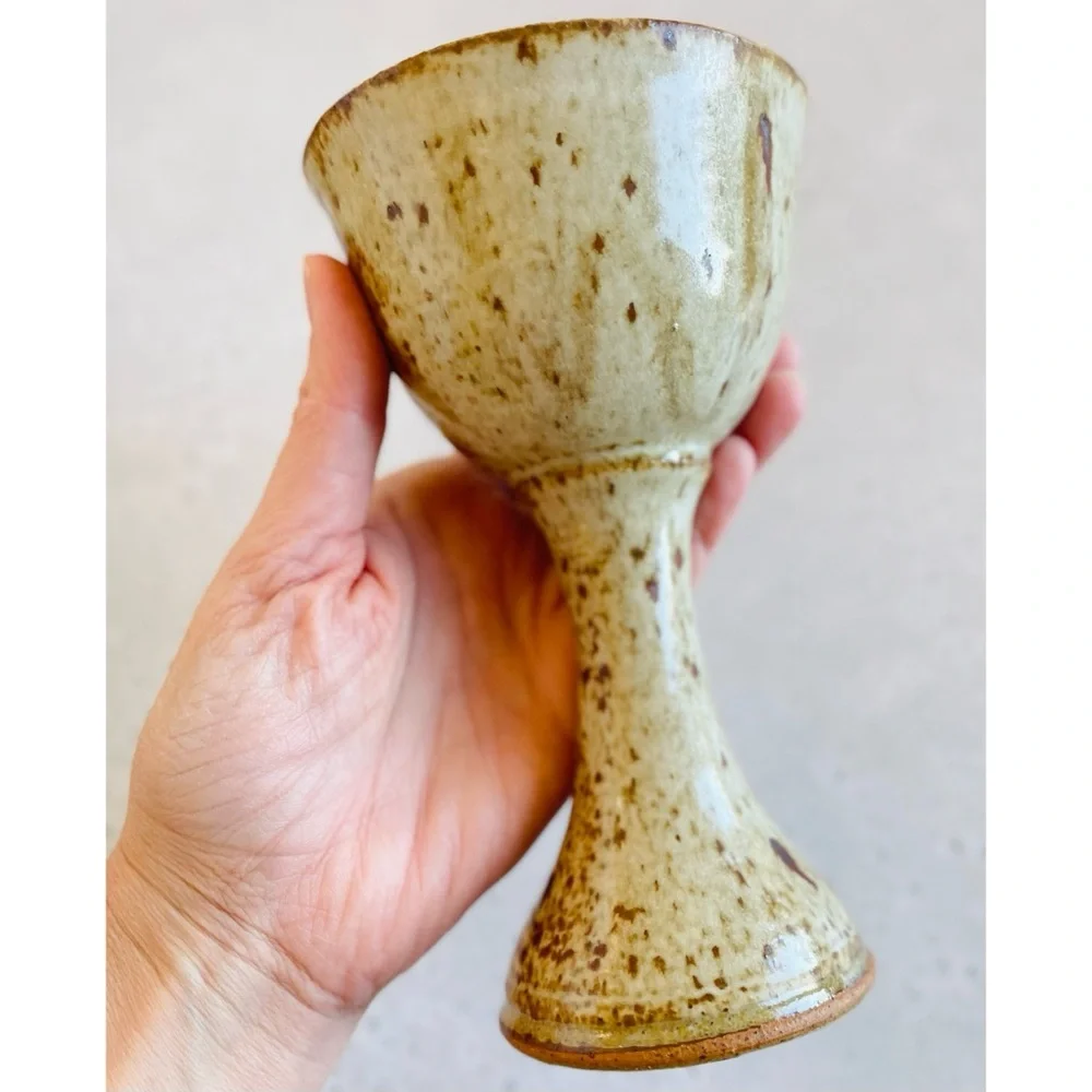2 Vintage Speckled Oatmeal Tan Brown Stoneware Goblets Studio Pottery Cottage